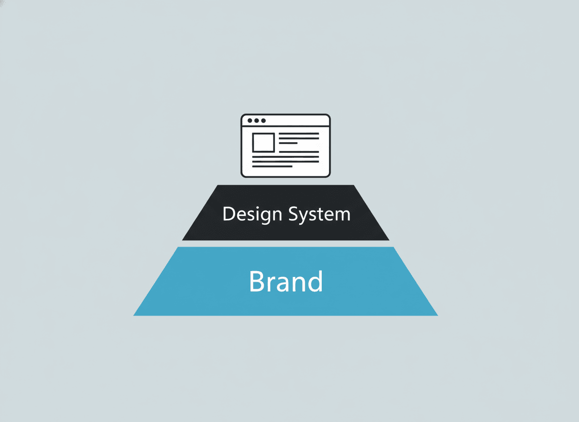 Pyramid diagram with 'Brand' as the wide azure foundation, 'Design System' as the middle layer, and a small browser window mockup at the apex representing the final website
