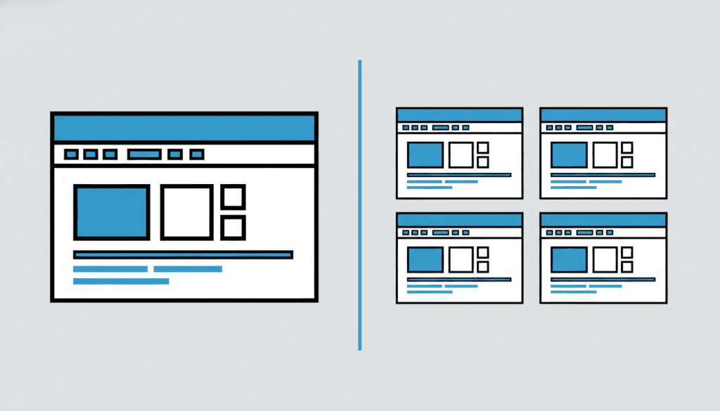 Split illustration with one large custom-designed browser window on the left and a 2x2 grid of four identical templated browser windows on the right