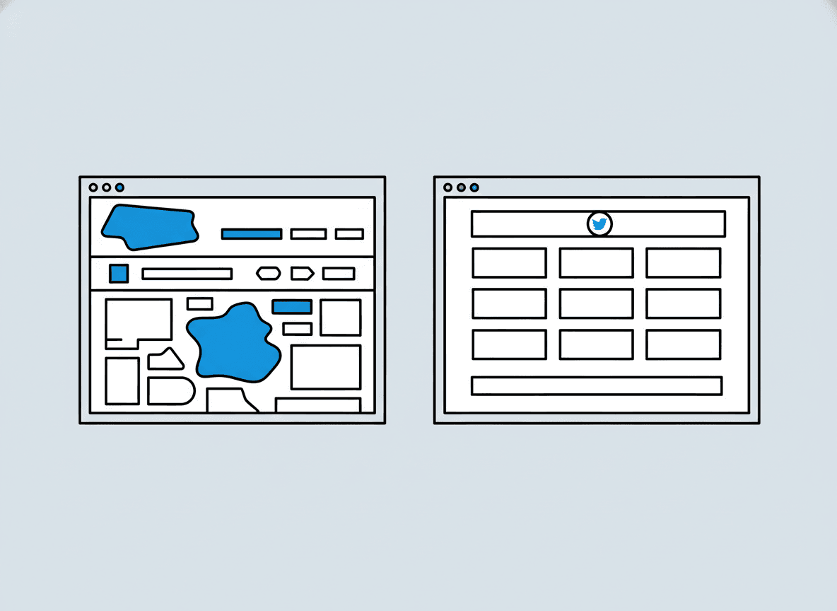 Two browser window mockups side by side — a custom design with unique asymmetric layout and azure accents next to a generic templated browser with a symmetric grid