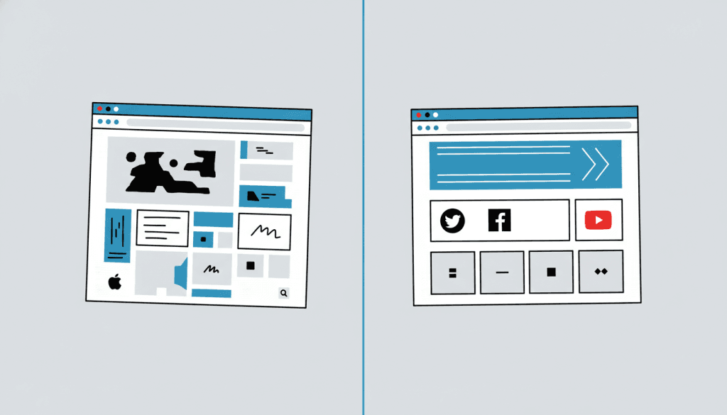 Split illustration showing an awkward misaligned DIY browser mockup on the left vs a polished professionally-designed browser mockup on the right