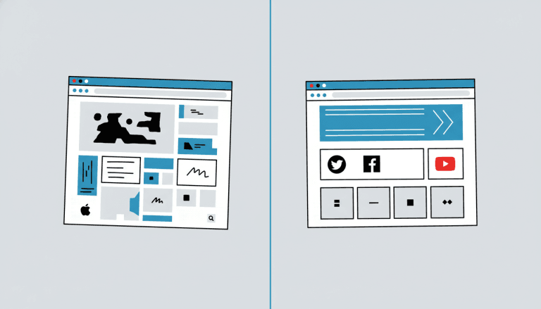 Split illustration showing an awkward misaligned DIY browser mockup on the left vs a polished professionally-designed browser mockup on the right