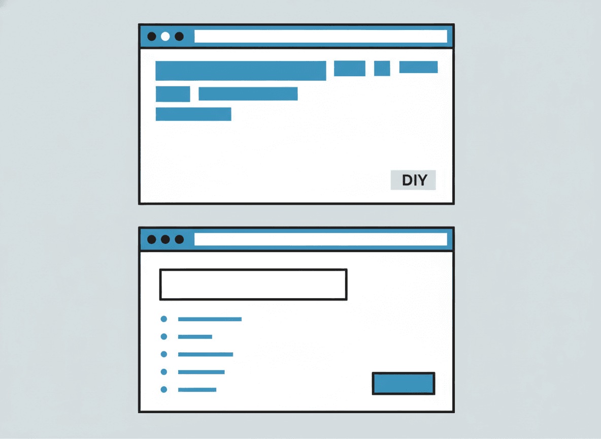 Two browser window mockups stacked — an unfinished DIY version on top with inconsistent layout, and a polished professional version below with clean structure and bold azure CTA