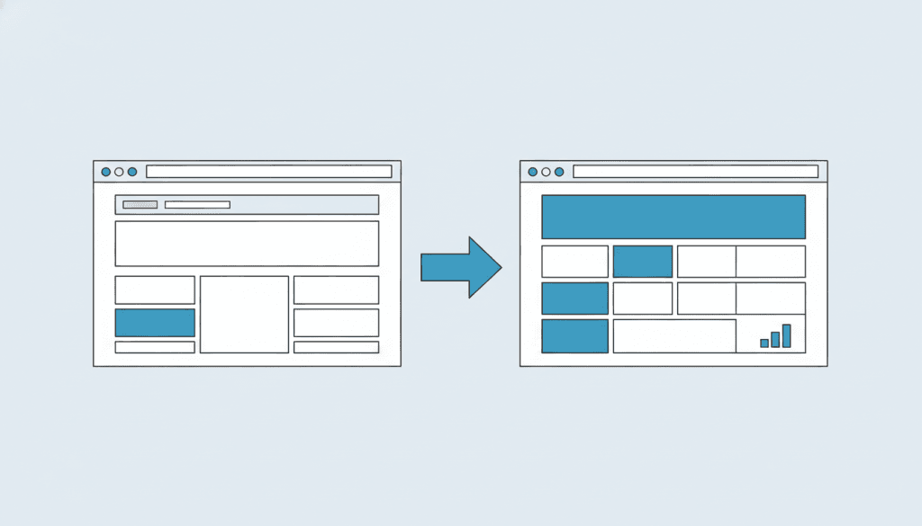 Two browser window mockups with a large azure arrow between them — a plain basic website on the left transforming into a refined website with a growth chart on the right