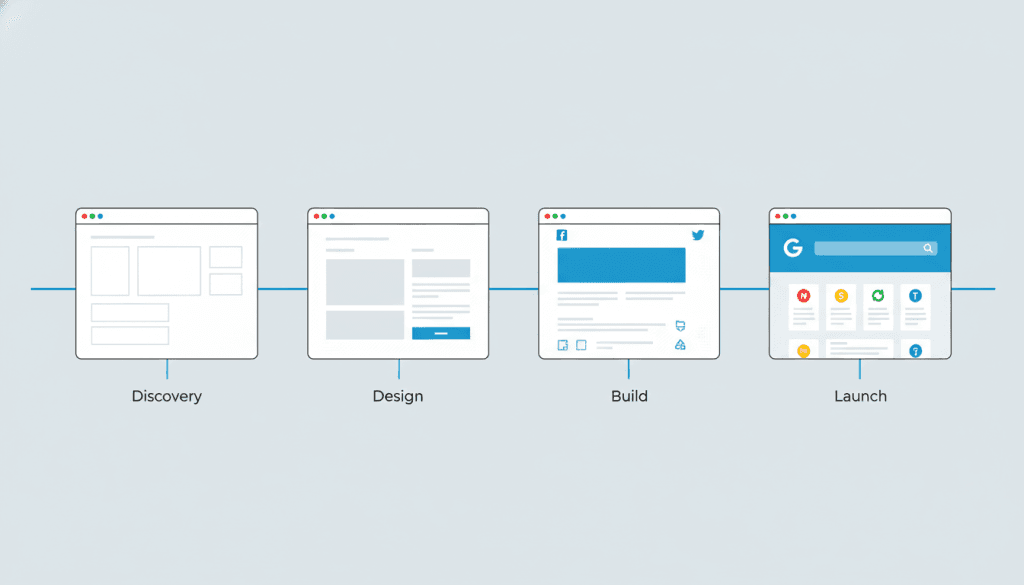 Horizontal timeline with four browser window mockups progressing from blank wireframe through structured design to fully launched website, labeled Discovery, Design, Build, Launch