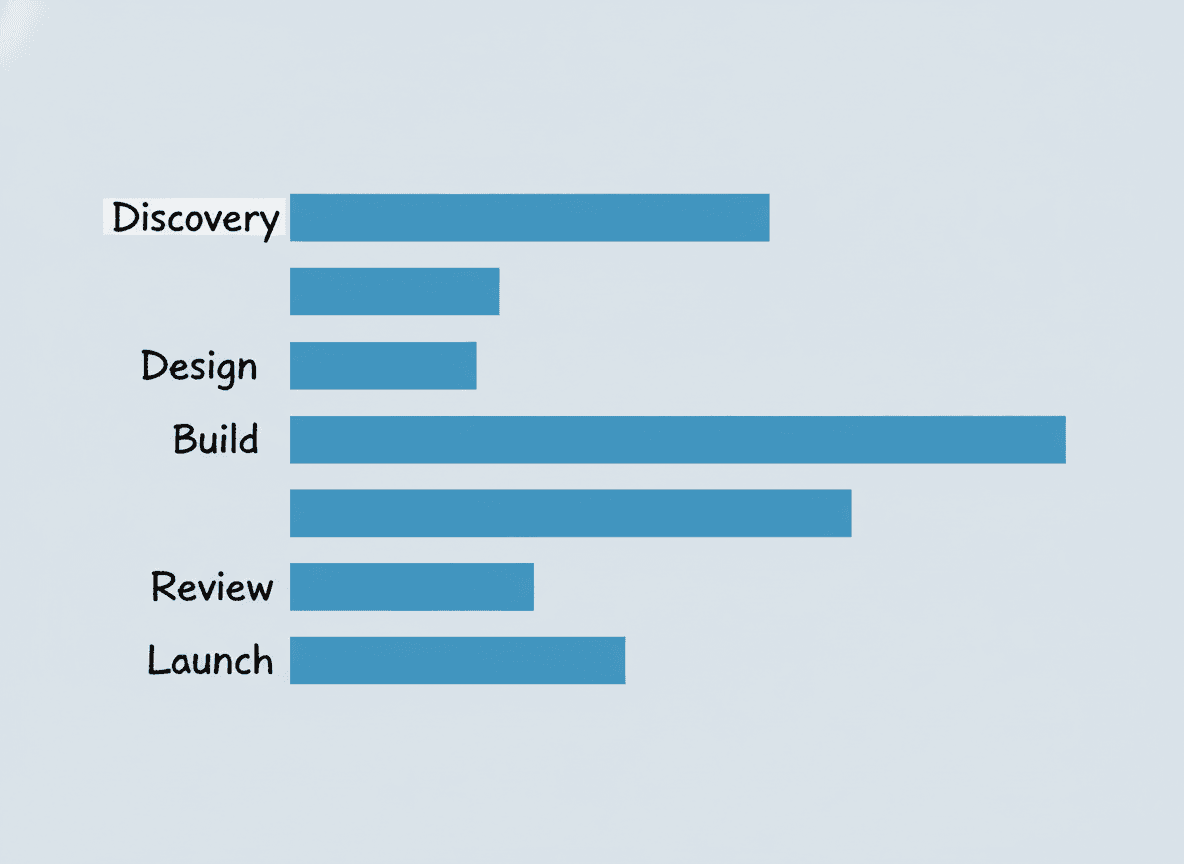 Gantt-style horizontal bar chart showing five phases of a website project (Discovery, Design, Build, Review, Launch) as overlapping azure bars on a timeline