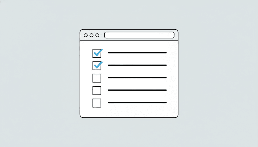 Browser window mockup with a vertical checklist inside — six items, the top three marked with azure checkmarks, illustrating the evaluation of a web design agency