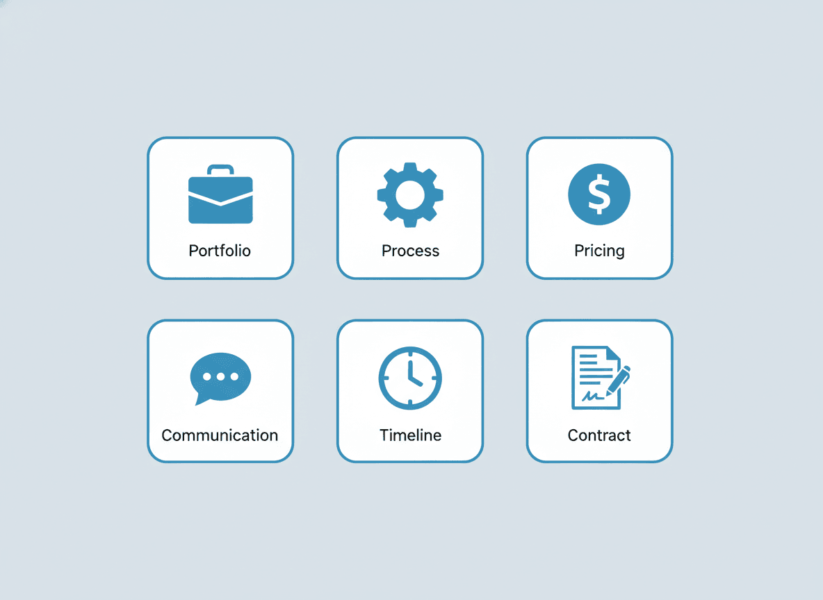 Grid of six icon cards labeled Portfolio, Process, Pricing, Communication, Timeline, and Contract — the criteria for evaluating a web designer before hiring