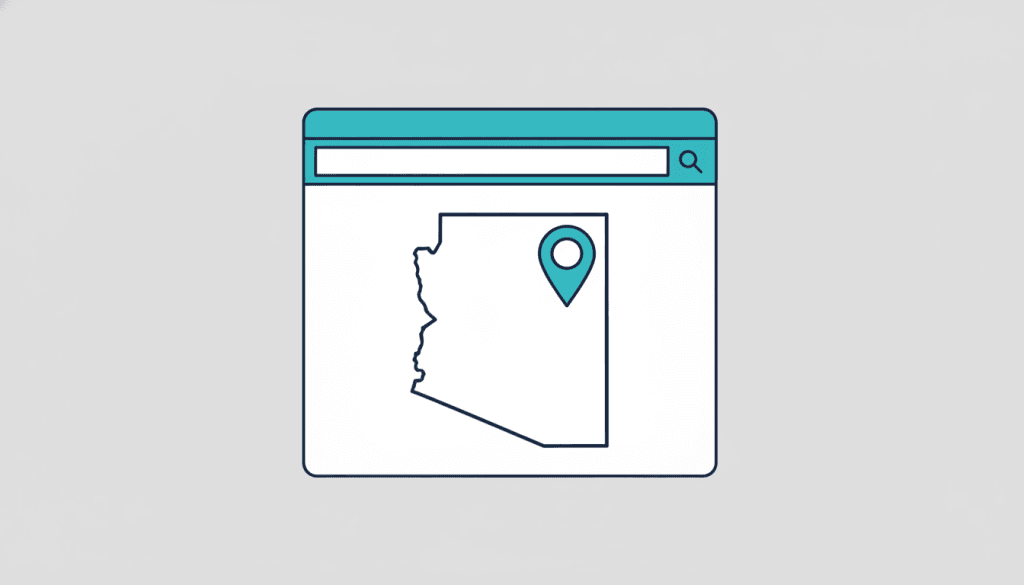 Browser window mockup with a search bar at the top and an Arizona state outline below marked with an azure map pin at Scottsdale, illustrating local search