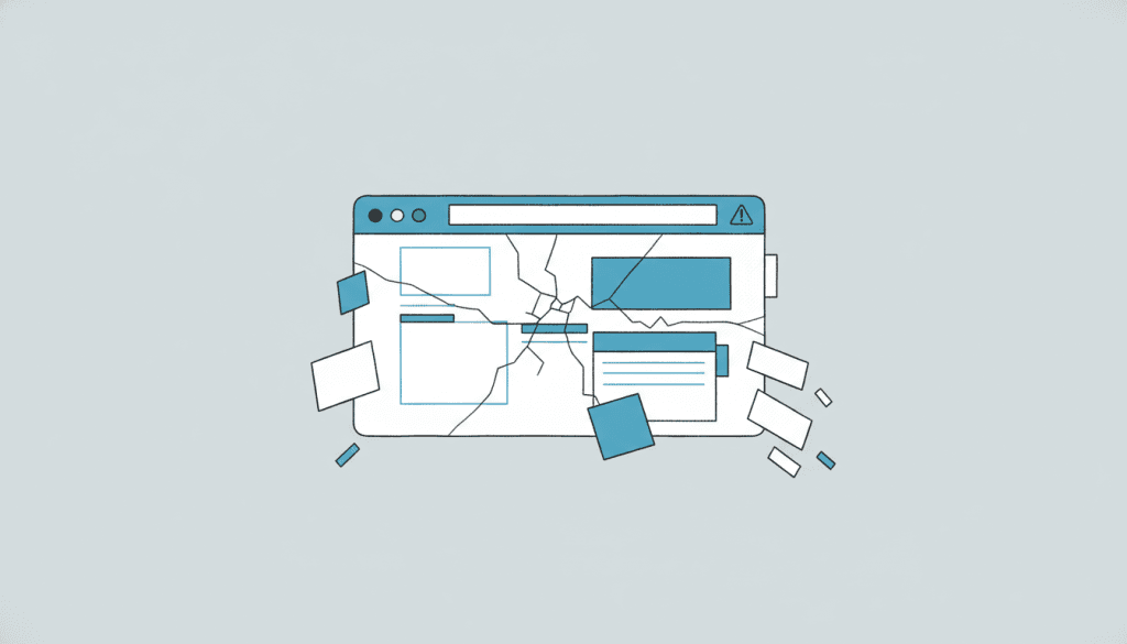 Browser window mockup with visible cracks running across it and content blocks slipping out of alignment, surrounded by azure warning triangles — illustrating a cheap website that has failed