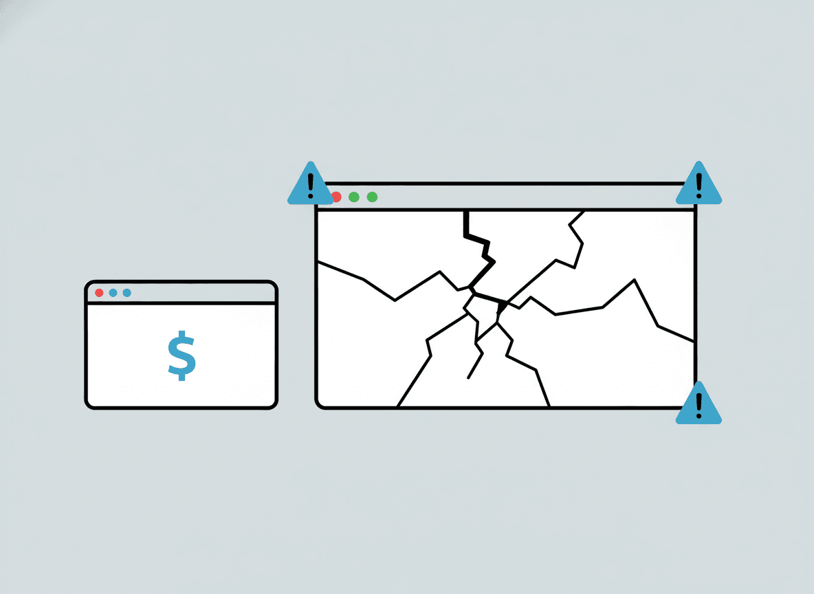 Two browser mockups dramatically different in size — a tiny browser with a small dollar sign on the left (visible price) and a much larger cracked broken browser on the right (hidden costs)