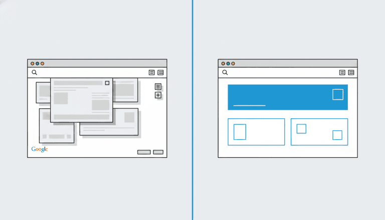 Before-and-after split illustration: a dated cluttered browser window with early-2010s styling on the left, a clean modern flat-designed browser window on the right