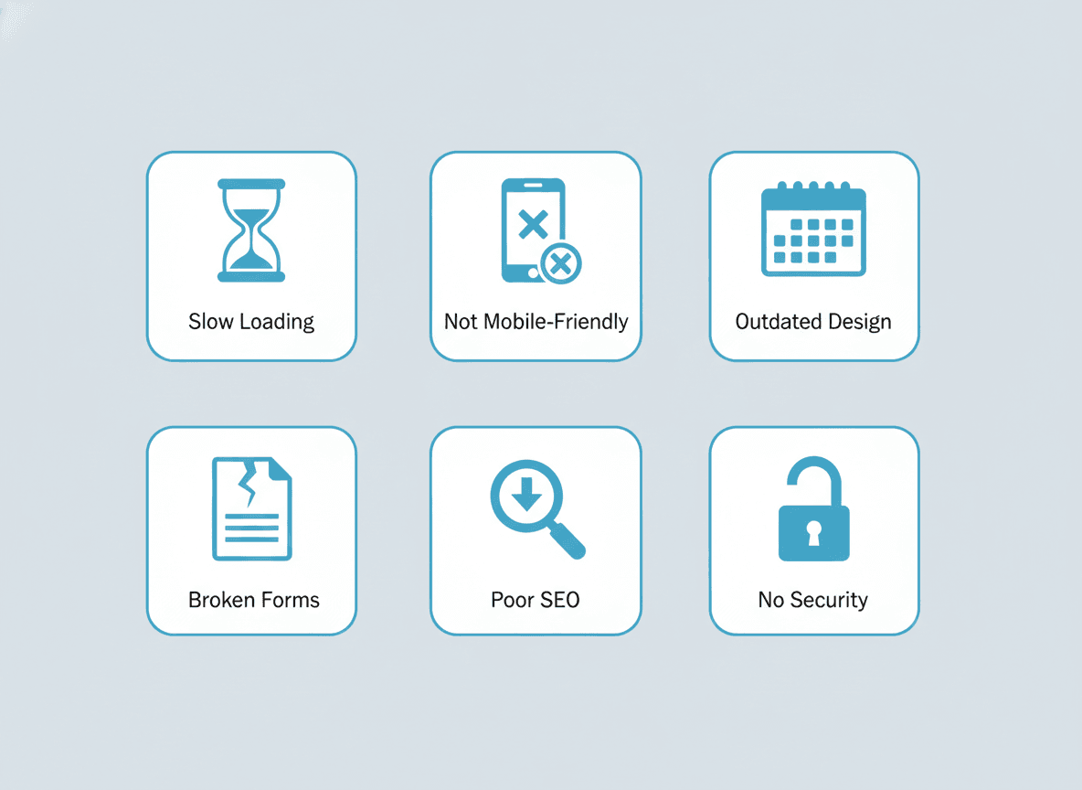 Grid of six icon cards labeled Slow Loading, Not Mobile-Friendly, Outdated Design, Broken Forms, Poor SEO, and No Security — warning signs that a website needs to be redesigned