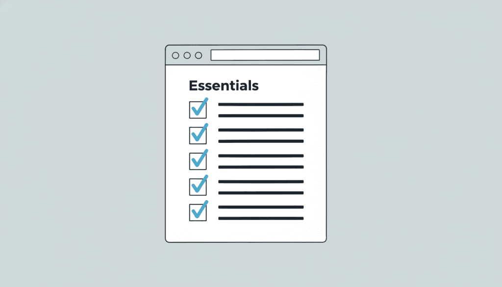 Browser window mockup with a vertical 'Essentials' checklist inside, all six items marked with azure check marks — illustrating the must-have elements of a small business website