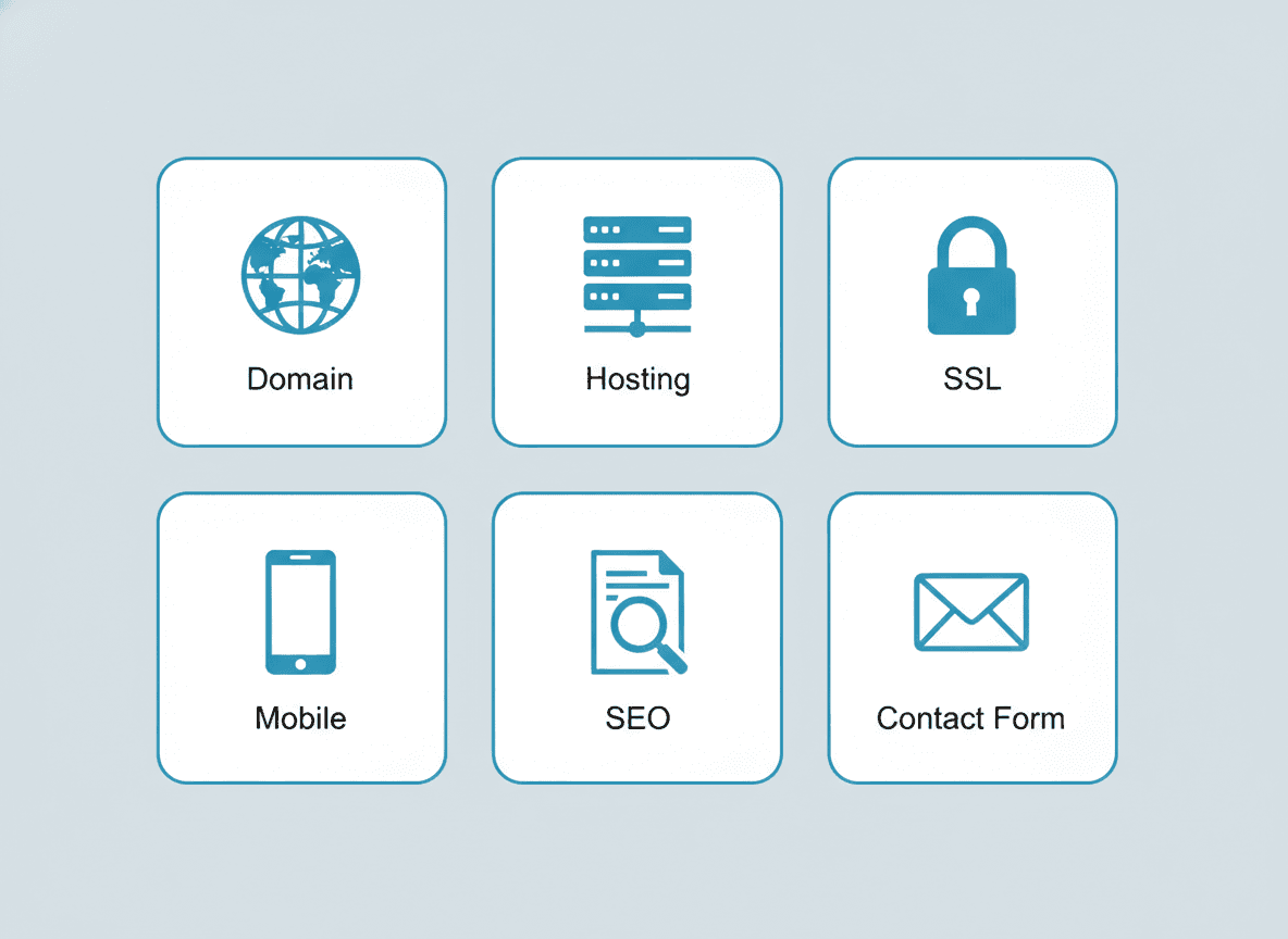 Grid of six icon cards labeled Domain, Hosting, SSL, Mobile, SEO, and Contact Form — the essential elements every small business website needs