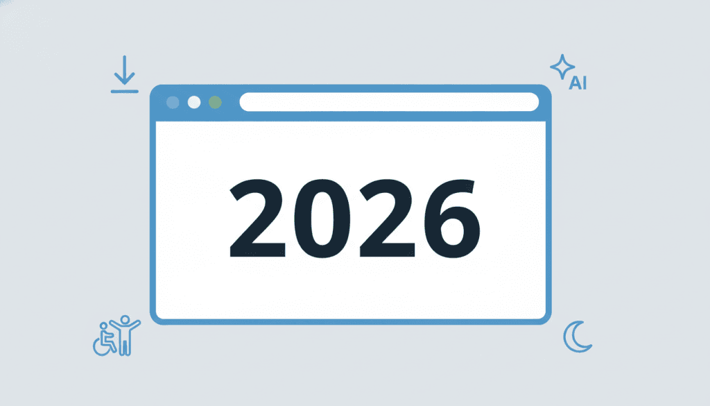Browser window mockup with a large '2026' typography display inside, surrounded by floating azure trend icons — scroll arrow, AI sparkle, accessibility icon, dark mode toggle