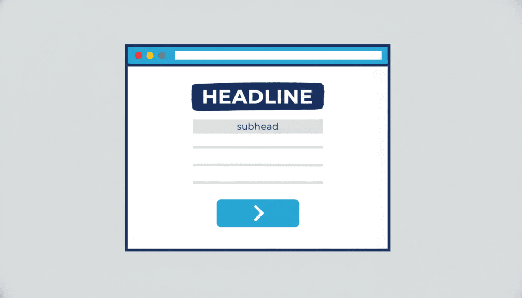Browser window mockup showing a clear copy hierarchy: bold headline at top, smaller subhead below, body text, and a bright azure CTA button with arrow at the bottom