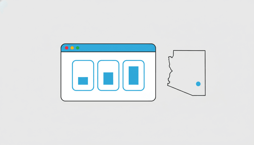 Browser window mockup with three pricing-tier cards inside (small, medium, and large azure bars representing rising price tiers), with an Arizona state outline marked at Scottsdale beside it