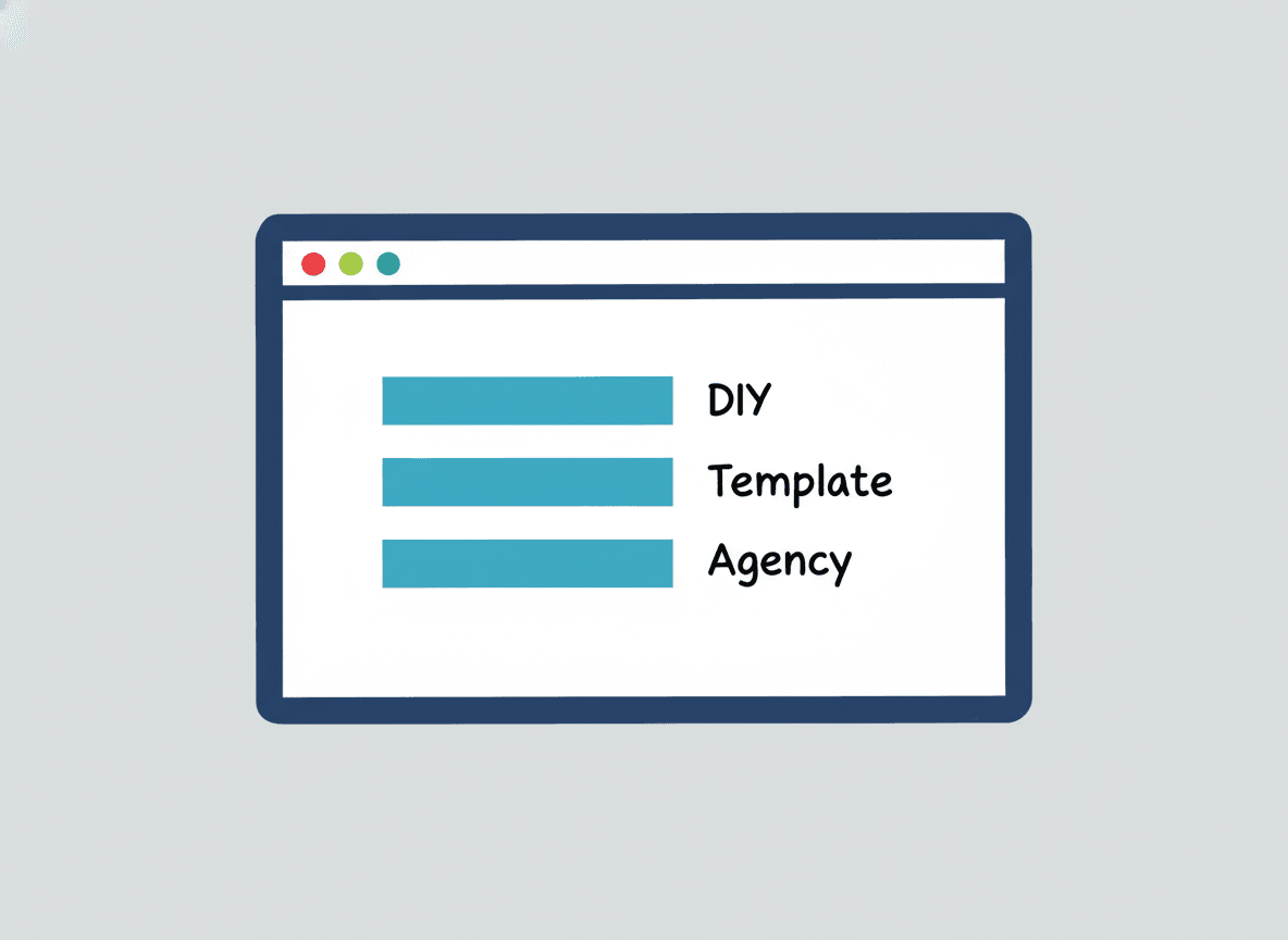 Browser window mockup with three horizontal azure bars of increasing length labeled DIY, Template, and Agency — showing the budget tiers for a website project
