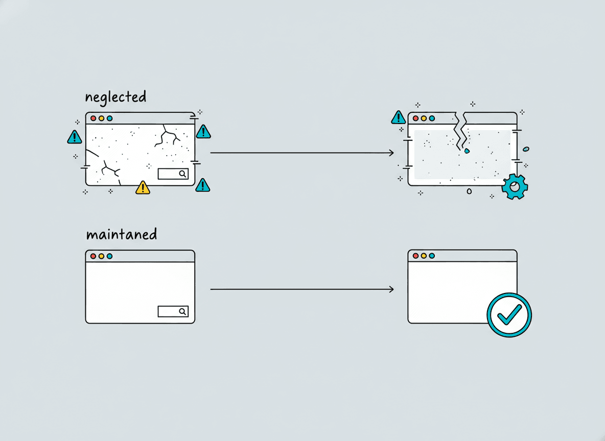 Two horizontal timelines — a 'neglected' path showing a browser window accumulating cracks over time, and a 'maintained' path showing a browser window staying clean with an azure check mark at the end
