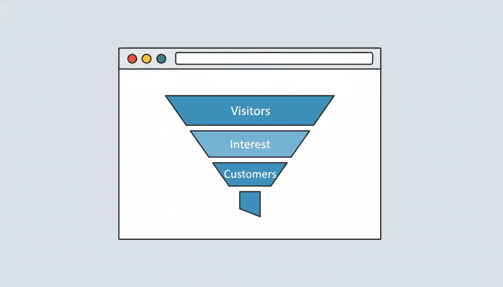 Browser window mockup containing a clean azure conversion funnel with three labeled stages — wide 'Visitors' at top, middle 'Interest', narrow 'Customers' at bottom