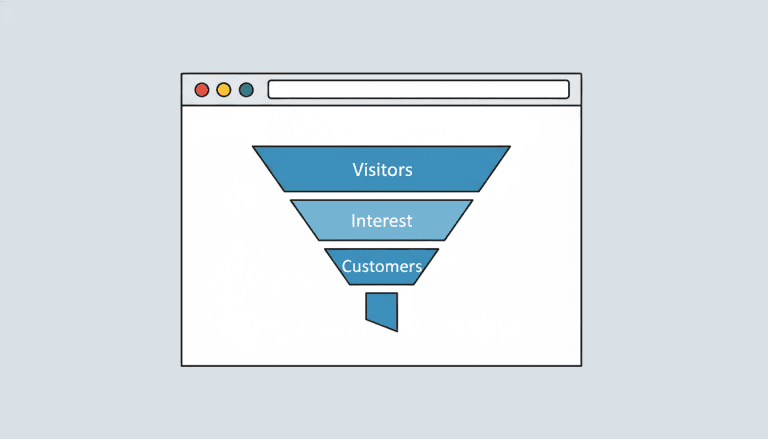 Browser window mockup containing a clean azure conversion funnel with three labeled stages — wide 'Visitors' at top, middle 'Interest', narrow 'Customers' at bottom