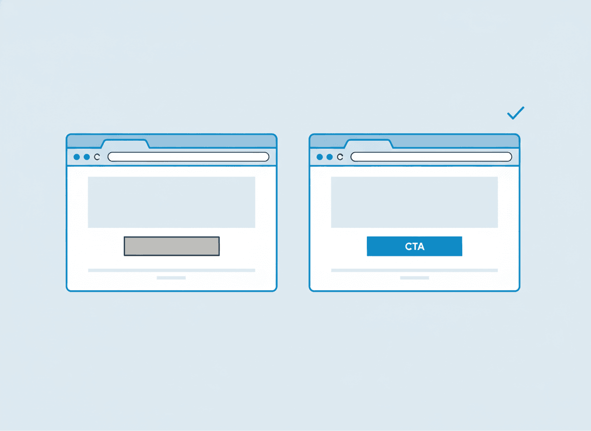 Two identical browser window mockups side by side — one with a muted grey call-to-action button, one with a bright azure call-to-action button (with check mark indicating it wins)