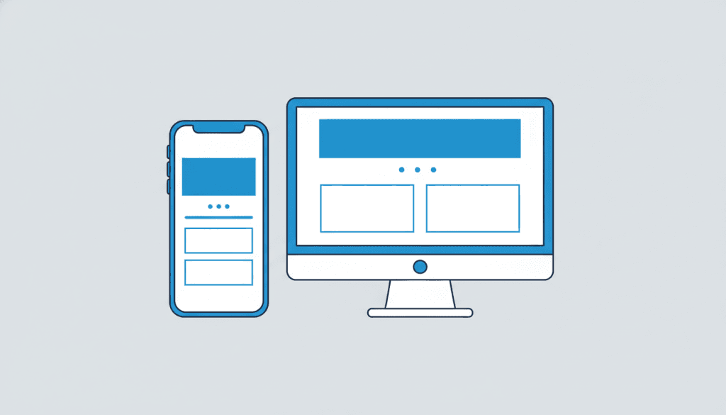 A vertical mobile phone outline on the left and a horizontal desktop monitor outline on the right, both showing the same clean responsive website layout fitting perfectly to each screen