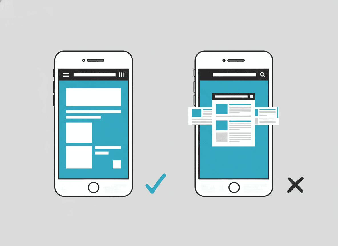 Two mobile phone mockups side by side — a clean responsive website fitting the screen on the left (check mark) vs a broken non-responsive website with overflowing content on the right (X mark)