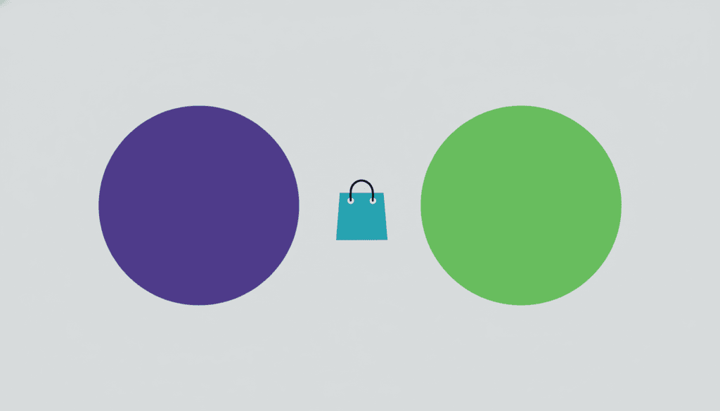 Two large solid filled circles side by side — a purple circle representing WooCommerce and a bright green circle representing Shopify — with an azure shopping bag icon centered between them