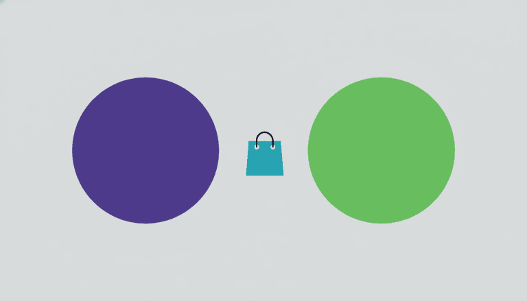 Two large solid filled circles side by side — a purple circle representing WooCommerce and a bright green circle representing Shopify — with an azure shopping bag icon centered between them