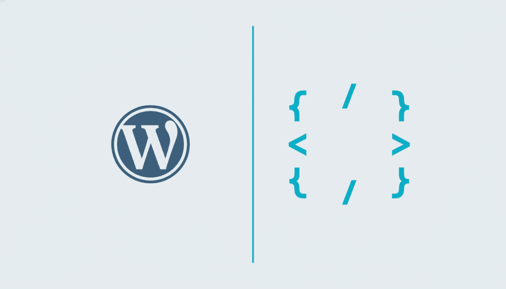 Split illustration with a thin vertical azure divider — WordPress logo on the left in its brand colors, and azure code symbols (curly braces and angle brackets) arranged like a window frame on the right