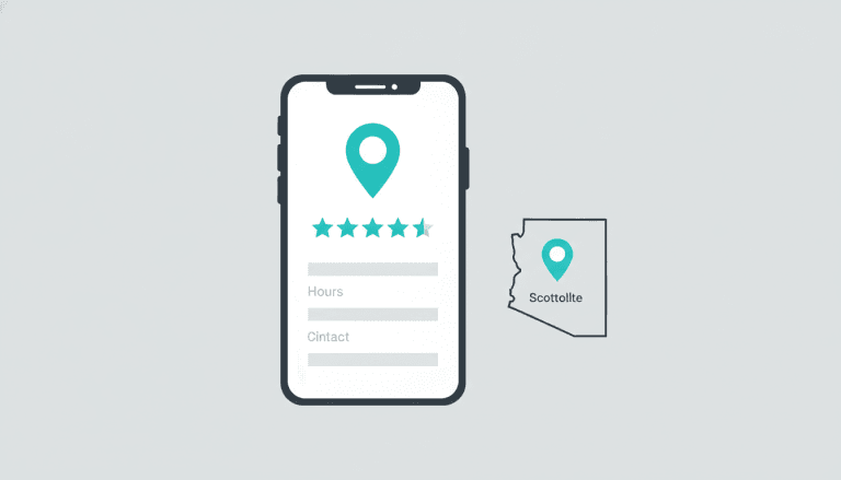 Smartphone showing a Google Business Profile with a map pin and five-star rating beside an Arizona outline pinned at Scottsdale