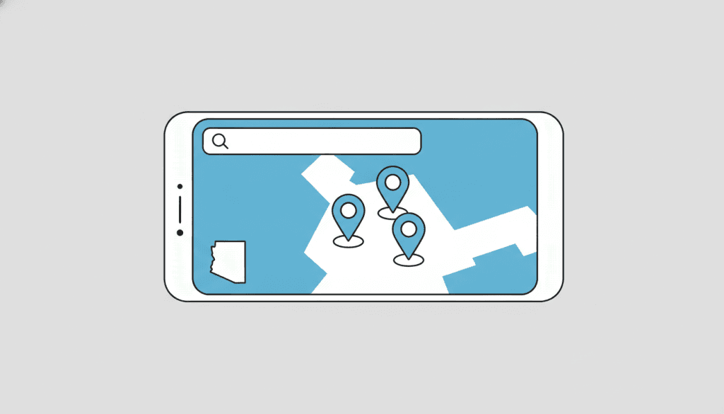 Smartphone search with map pins and an Arizona outline for a near me local search