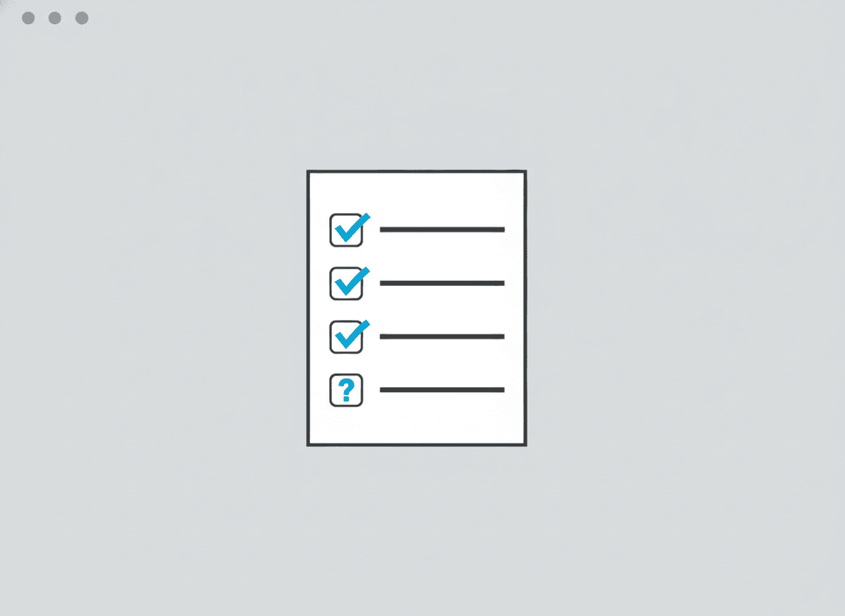 Checklist card beside a browser window with grey control dots, representing questions to vet a web designer