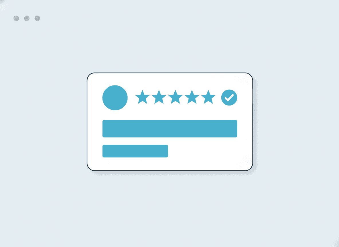 A website card displaying a customer review with stars, a photo, and a verified badge