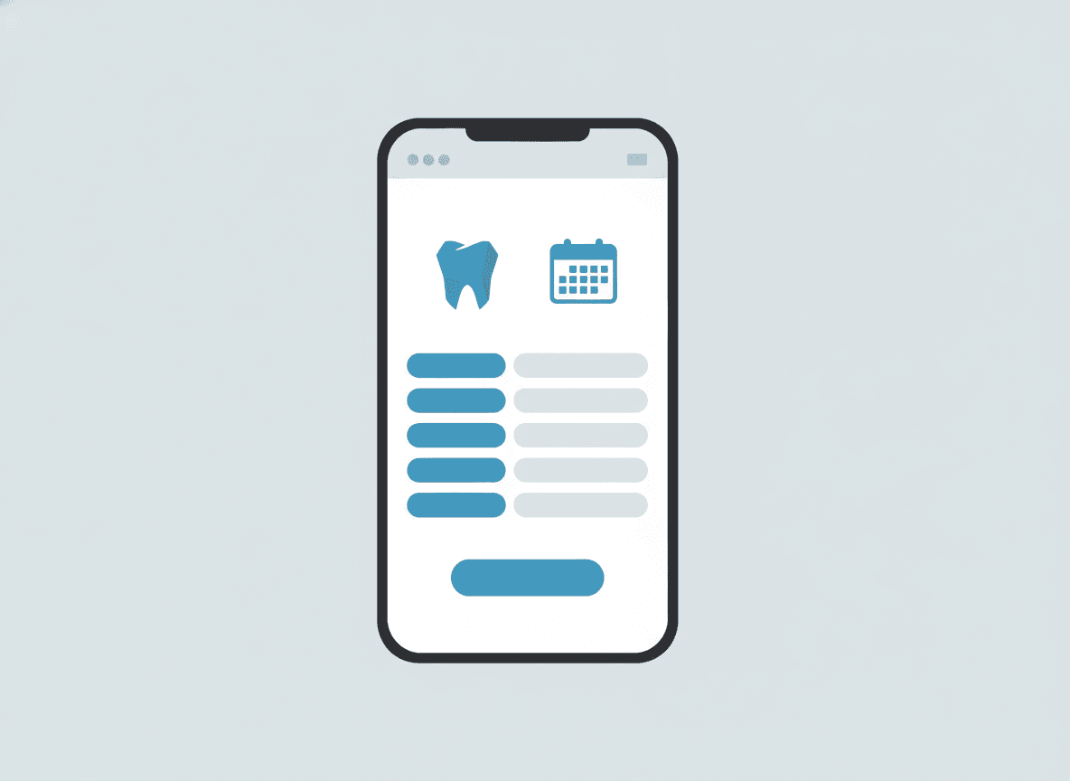 Dental practice website on a smartphone showing services, reviews, and a book-appointment button with a local map pin